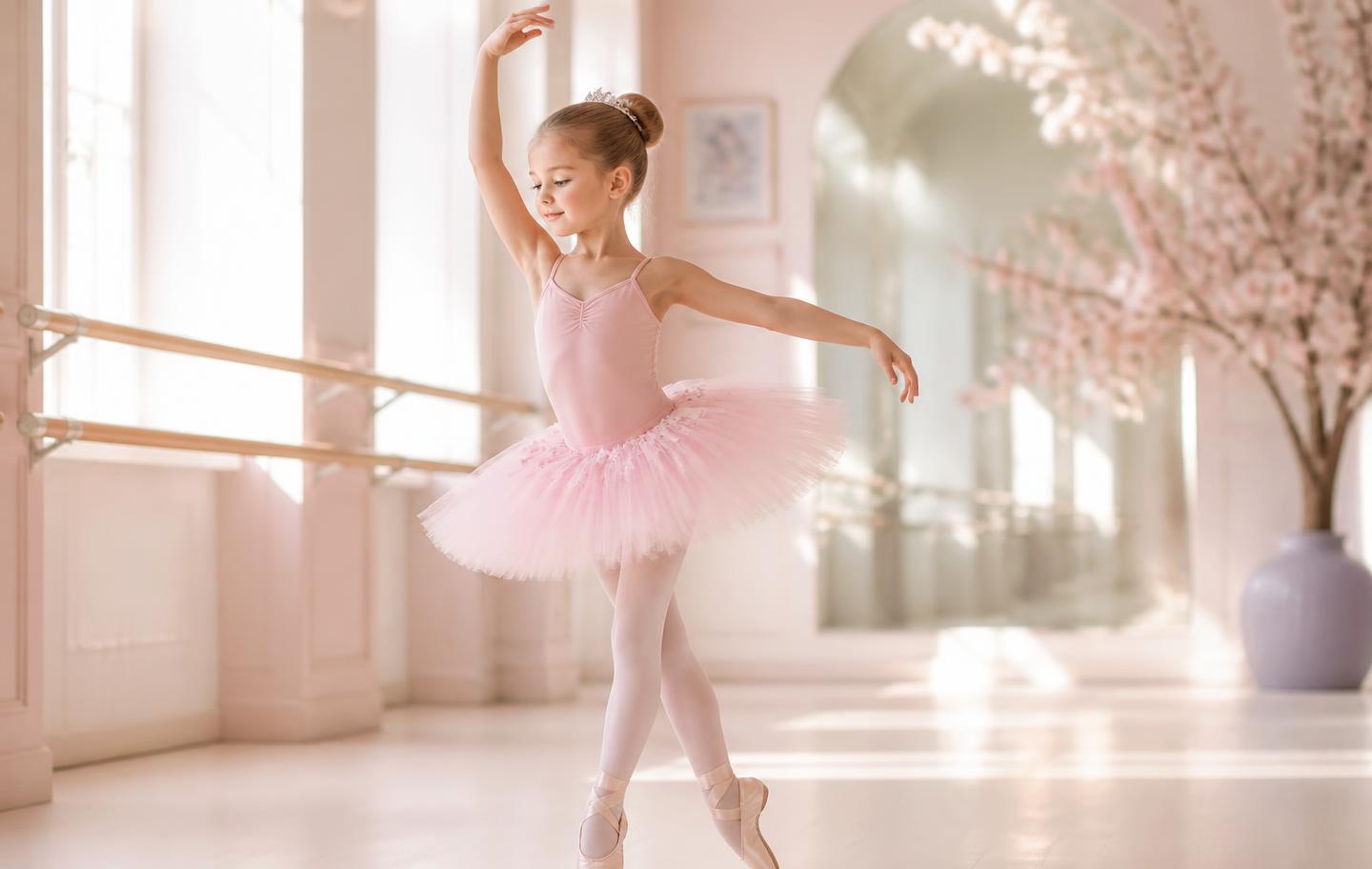 A young ballerina dancing gracefully in a sunlit classical studio